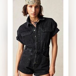 Free People We The Free Marci Cuffed Shortalls Rebel Black Shorts Denim Romper M